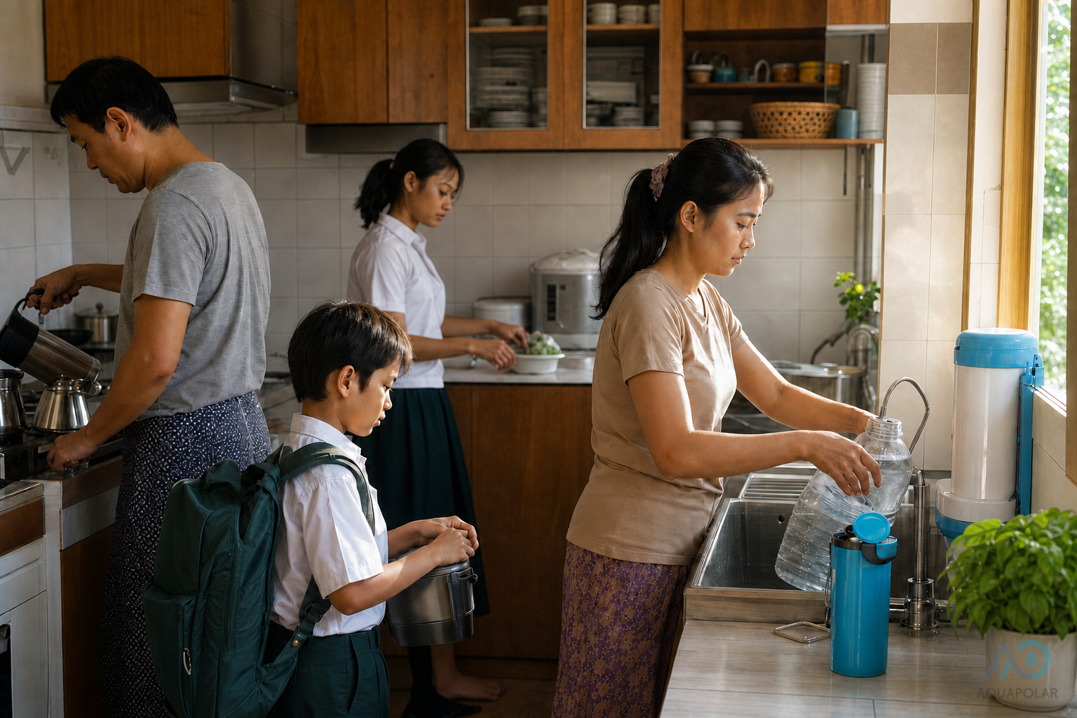 Yangon family preparing purified water during the morning rush