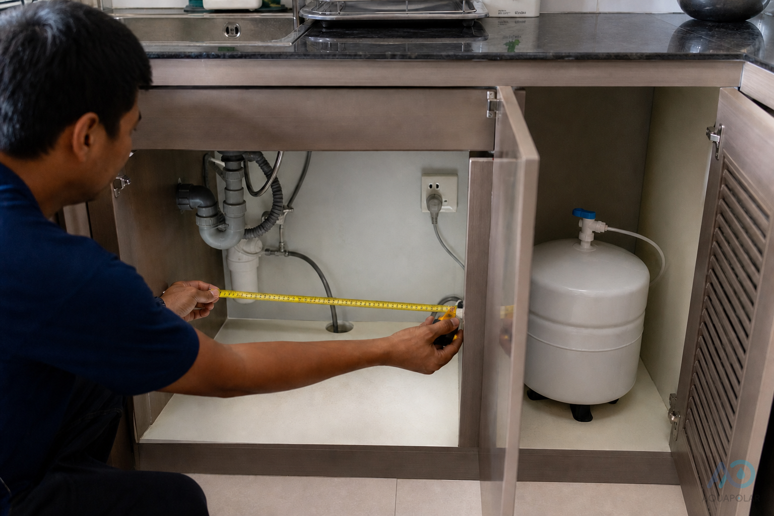 Technician measuring under-counter space for an RO unit and tank