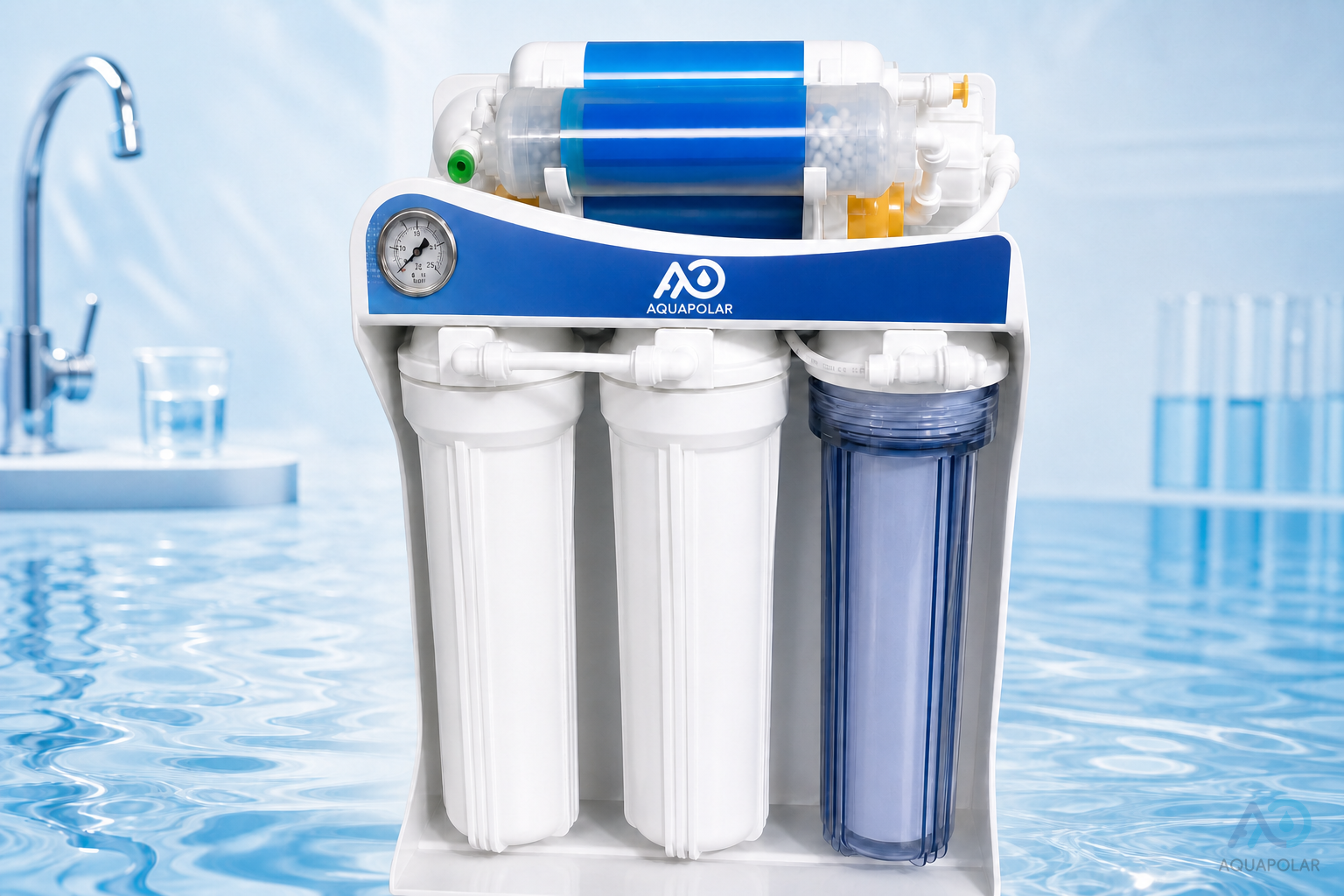 Three-housing 400GPD-class reverse osmosis machine in a clean studio
