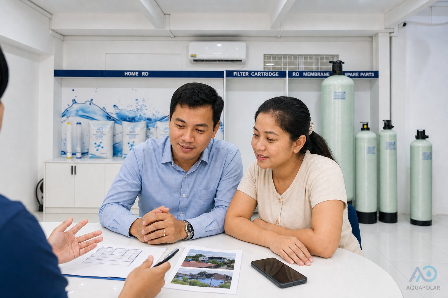 Myanmar couple discussing home water demand at the AQUAPOLAR showroom