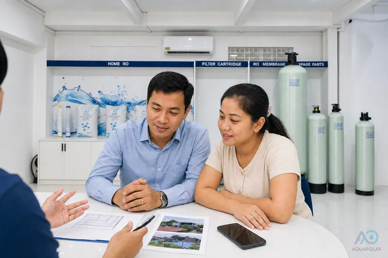 Myanmar couple discussing home water demand at the AQUAPOLAR showroom