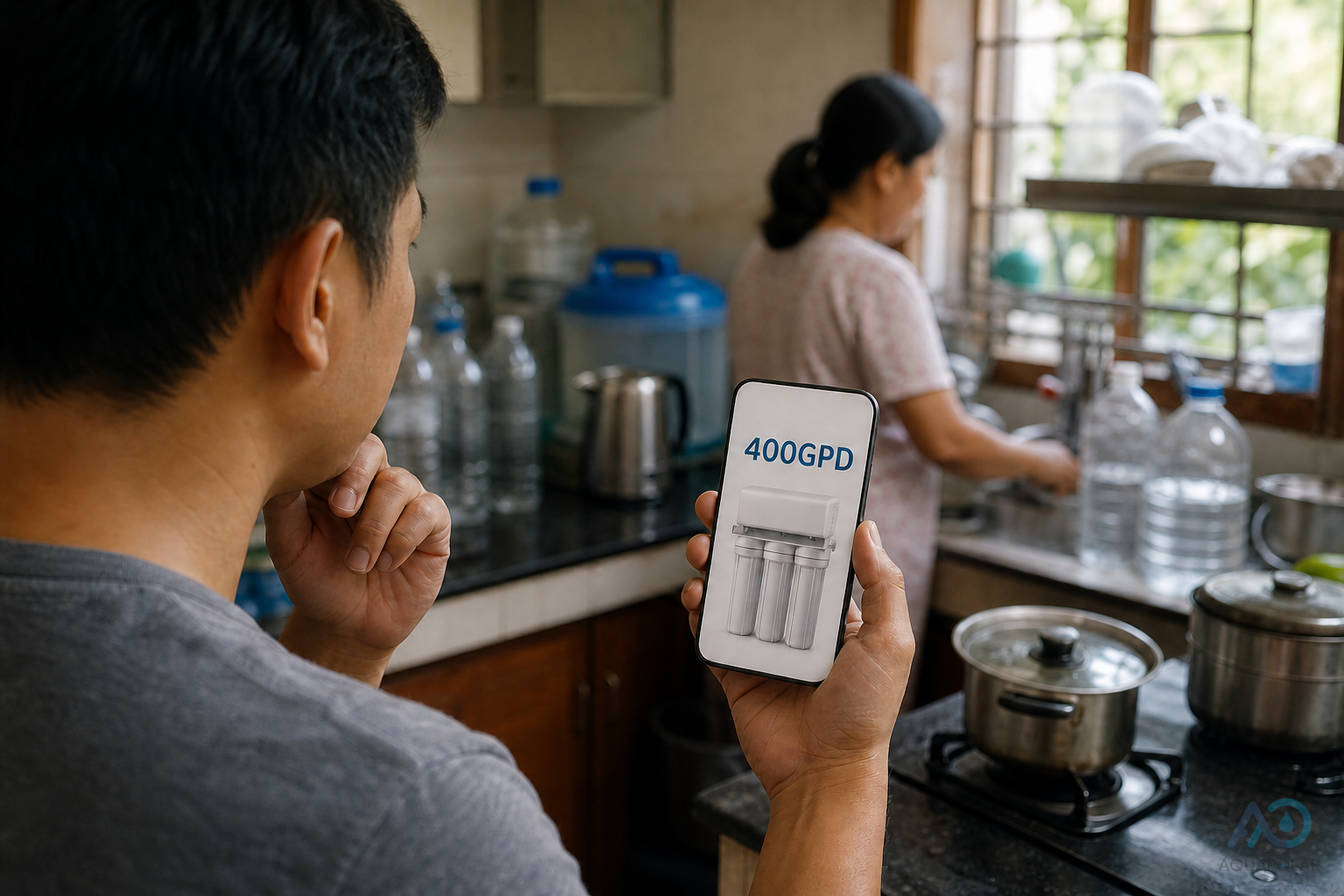 Homeowner comparing a 400GPD label without peak-demand context