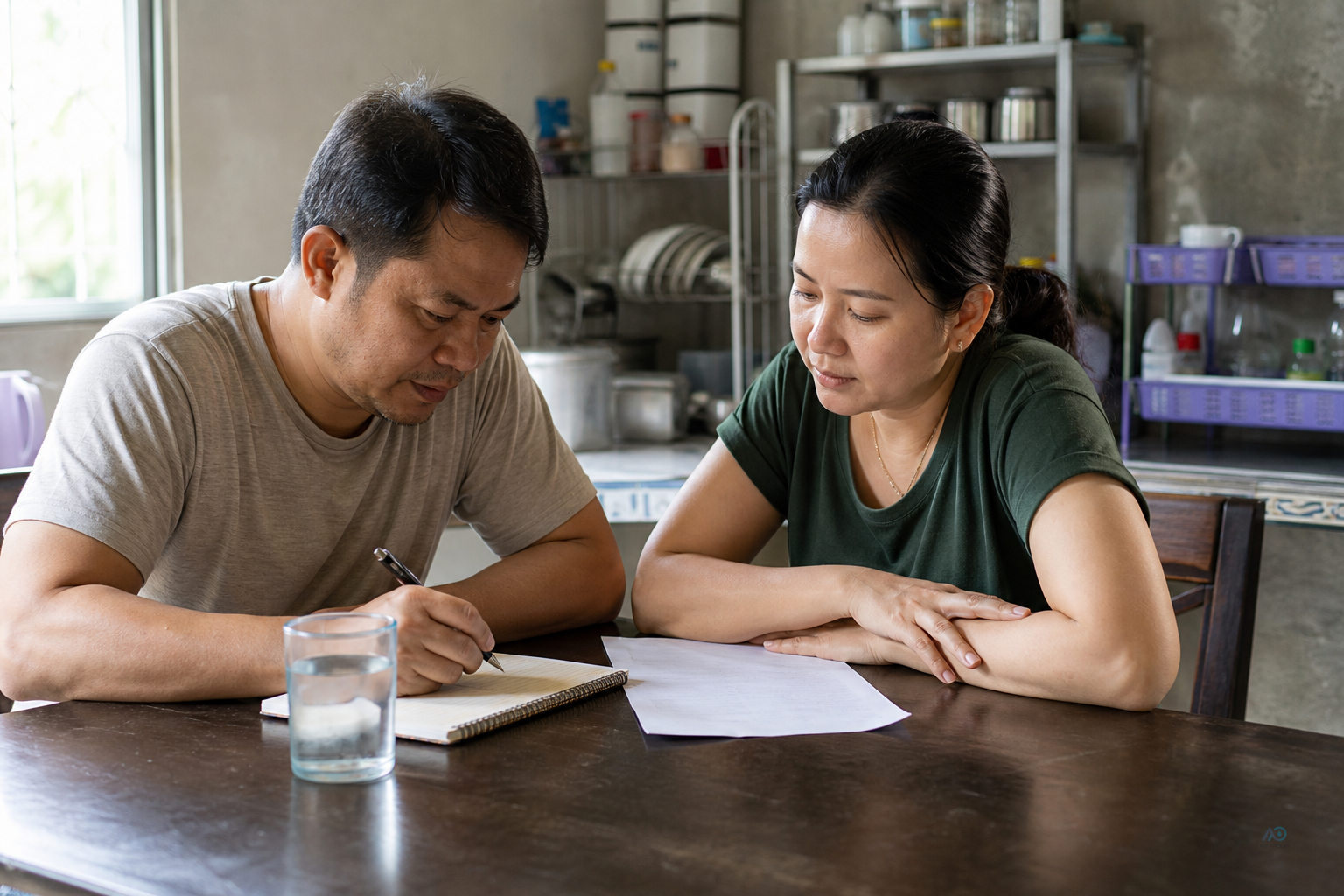 Myanmar family reviewing a well arsenic test note beside kitchen drinking water