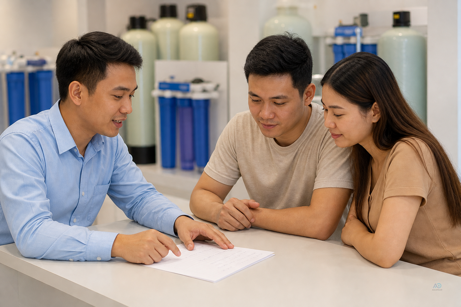 Family and advisor reviewing well-test notes at AQUAPOLAR Insein showroom