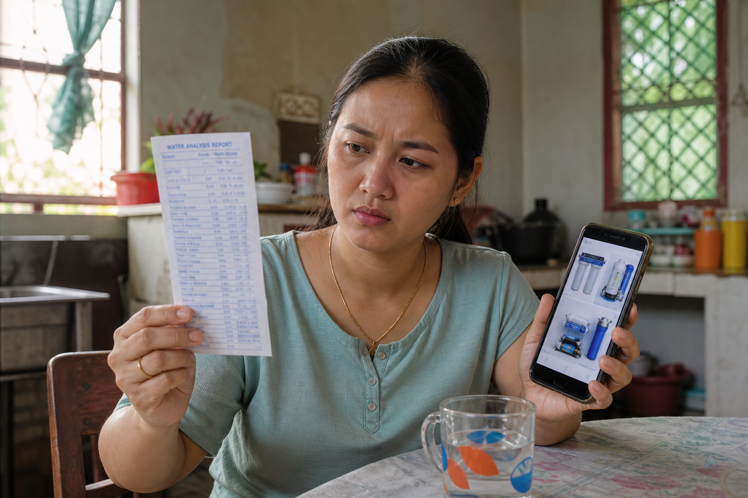 Homebuyer comparing a well test slip with RO product ads on a phone