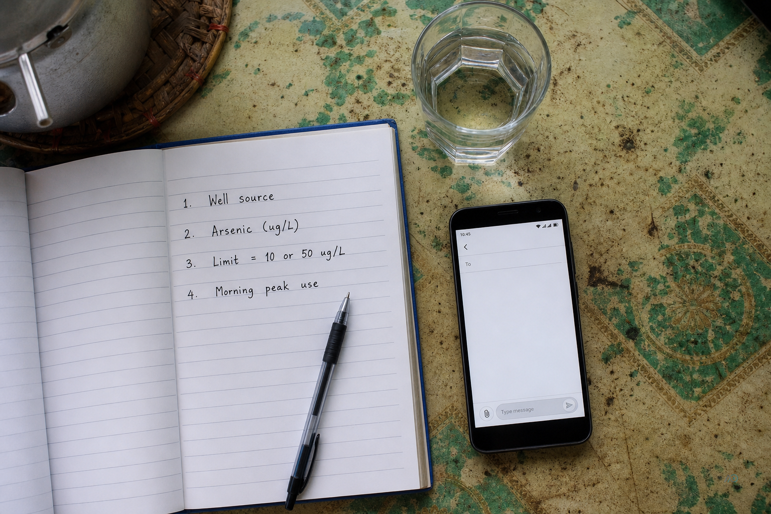 Notes for Viber: well source, arsenic µg/L, limit used, and morning peak use