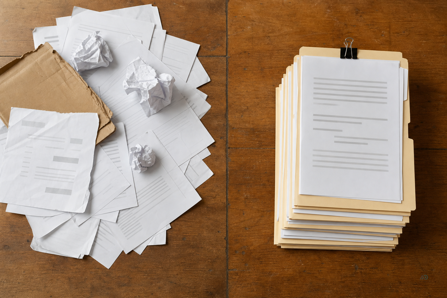 Two paths compared — a scattered pile of unsorted factory papers versus a sorted project information set