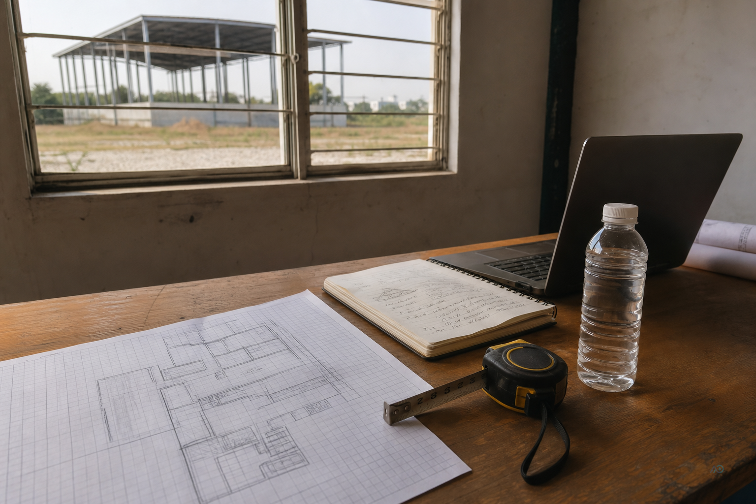 Bottled water factory planning desk in Yangon — site notes, source-water results and layout sketches before approval work begins
