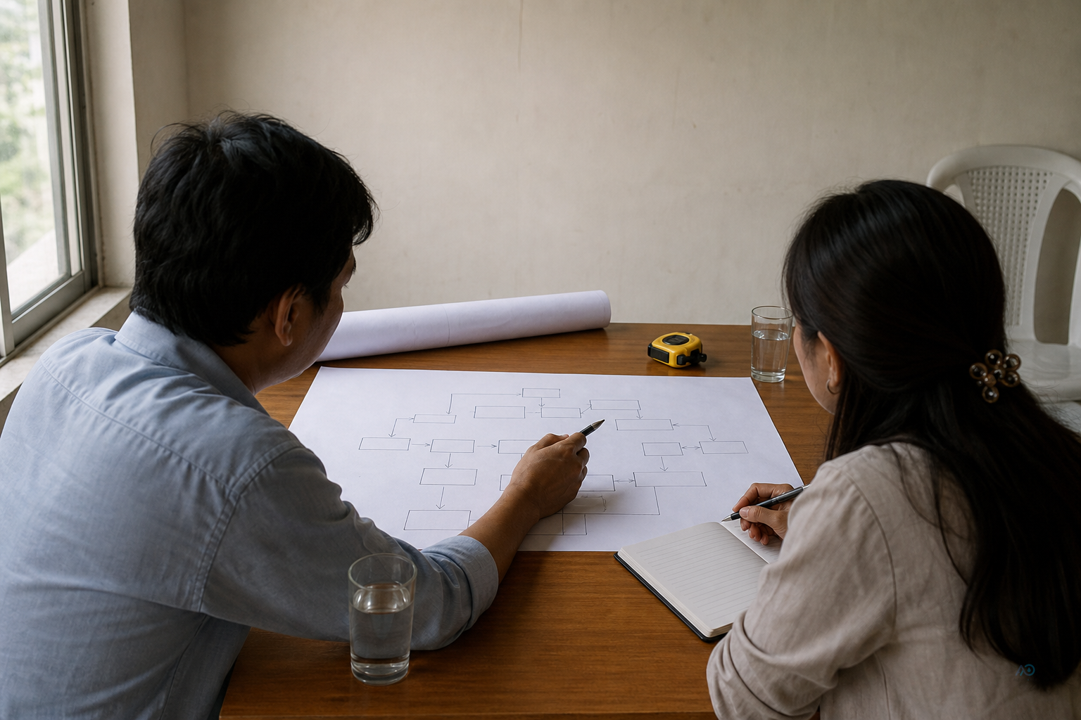 Project discussion at a table — draft process flow and site notes under review, no certificate on display