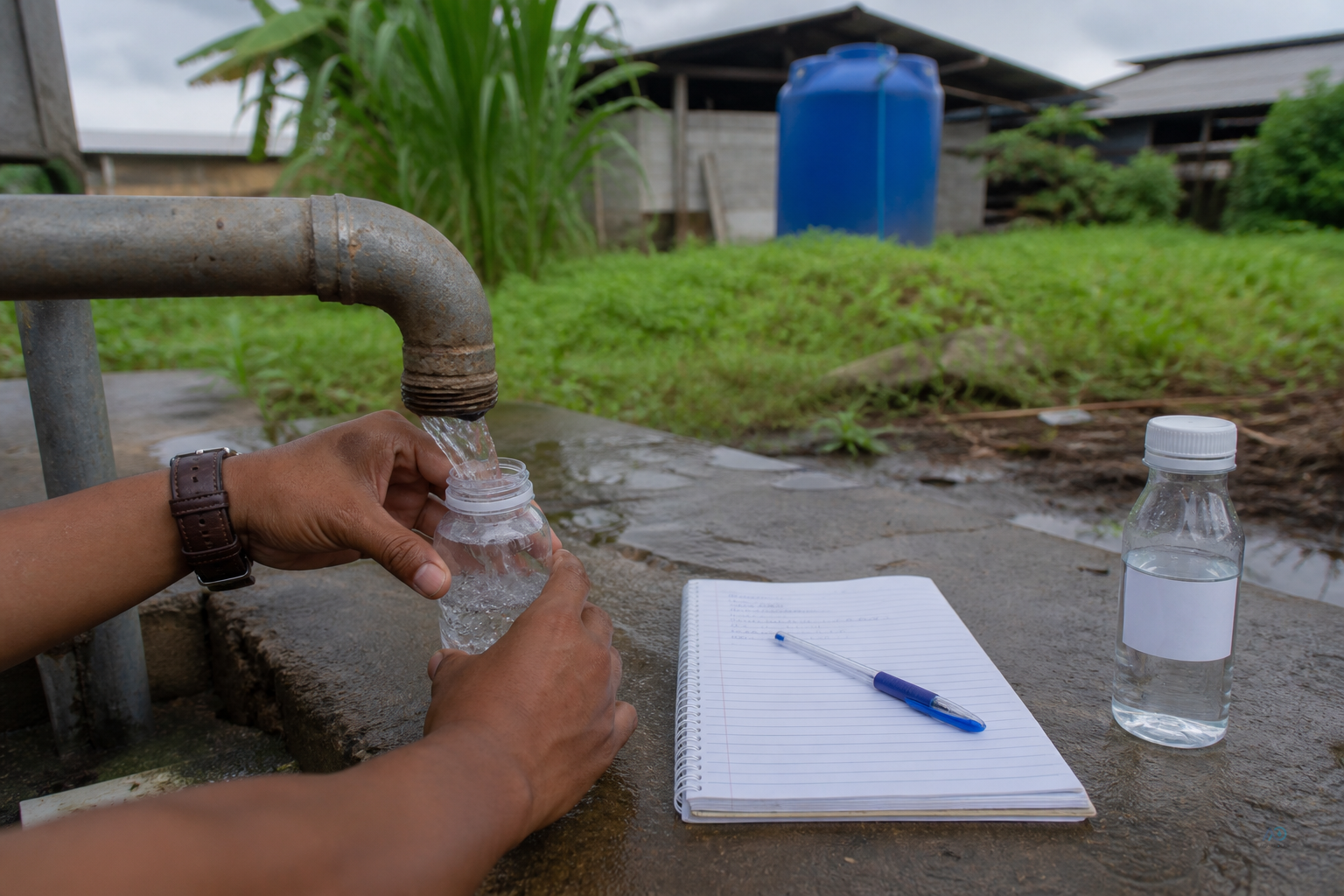 Source-water sampling for a factory project — borehole and municipal tie-in noted with a sample bottle and site notebook