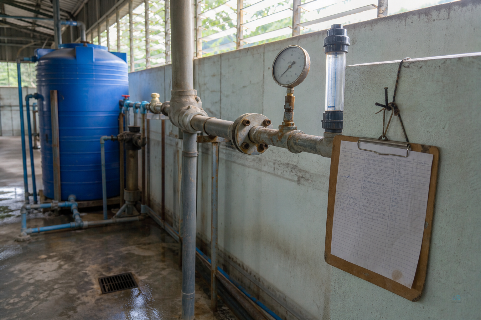 Factory utility area in Myanmar — pipework, gauges and a clipboard of site notes during project survey