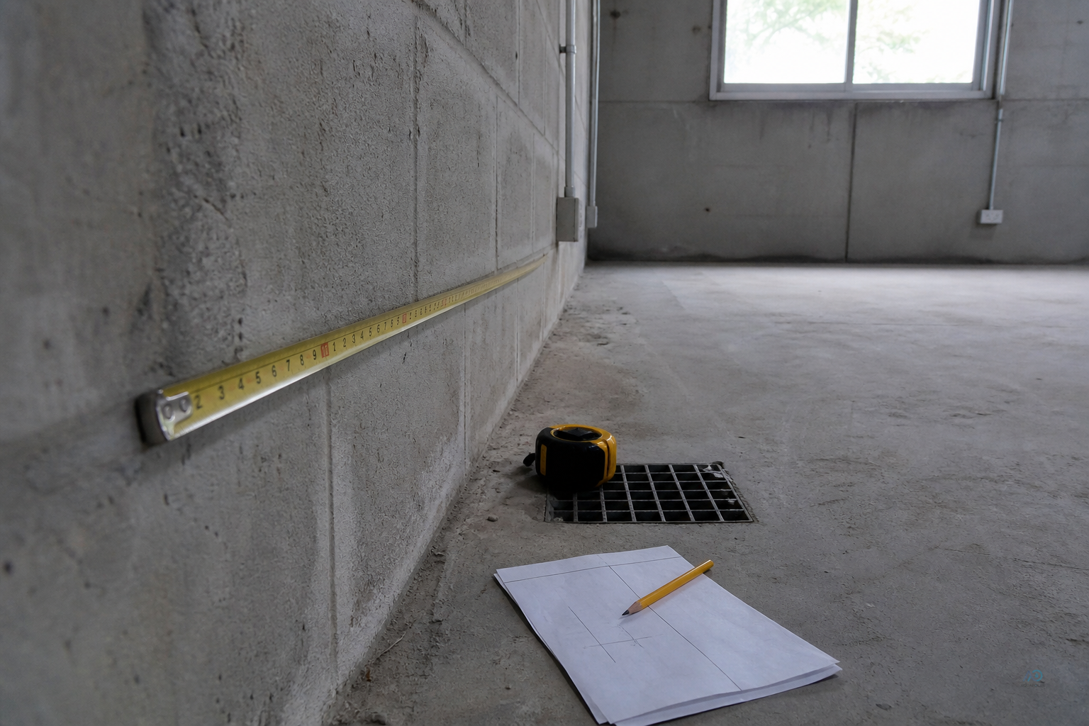 Site survey inside a factory utility room — tape measure against a wall, drain point and floor condition noted