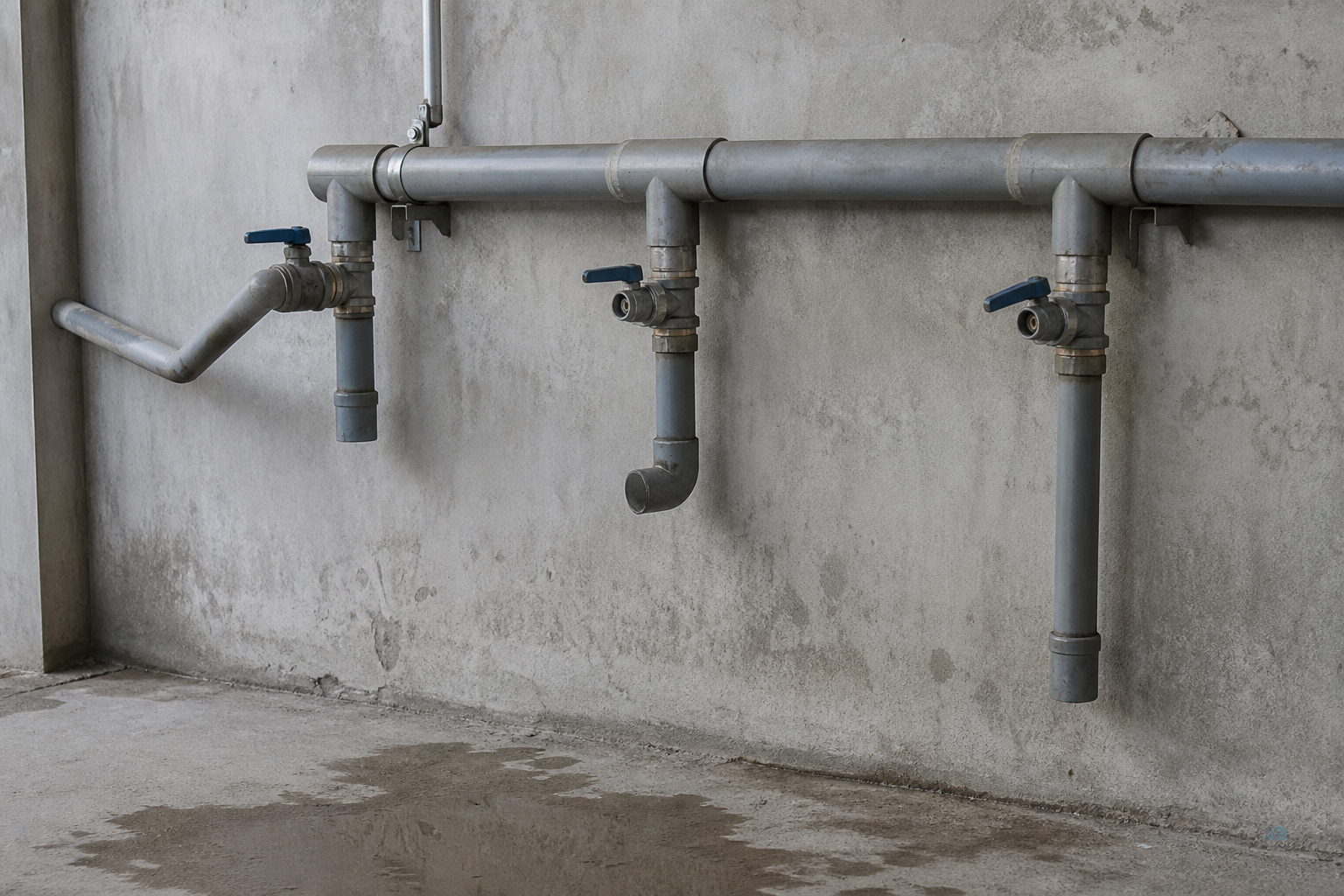 Process water tapping points in a factory — pipework branching to production, cleaning and utility use