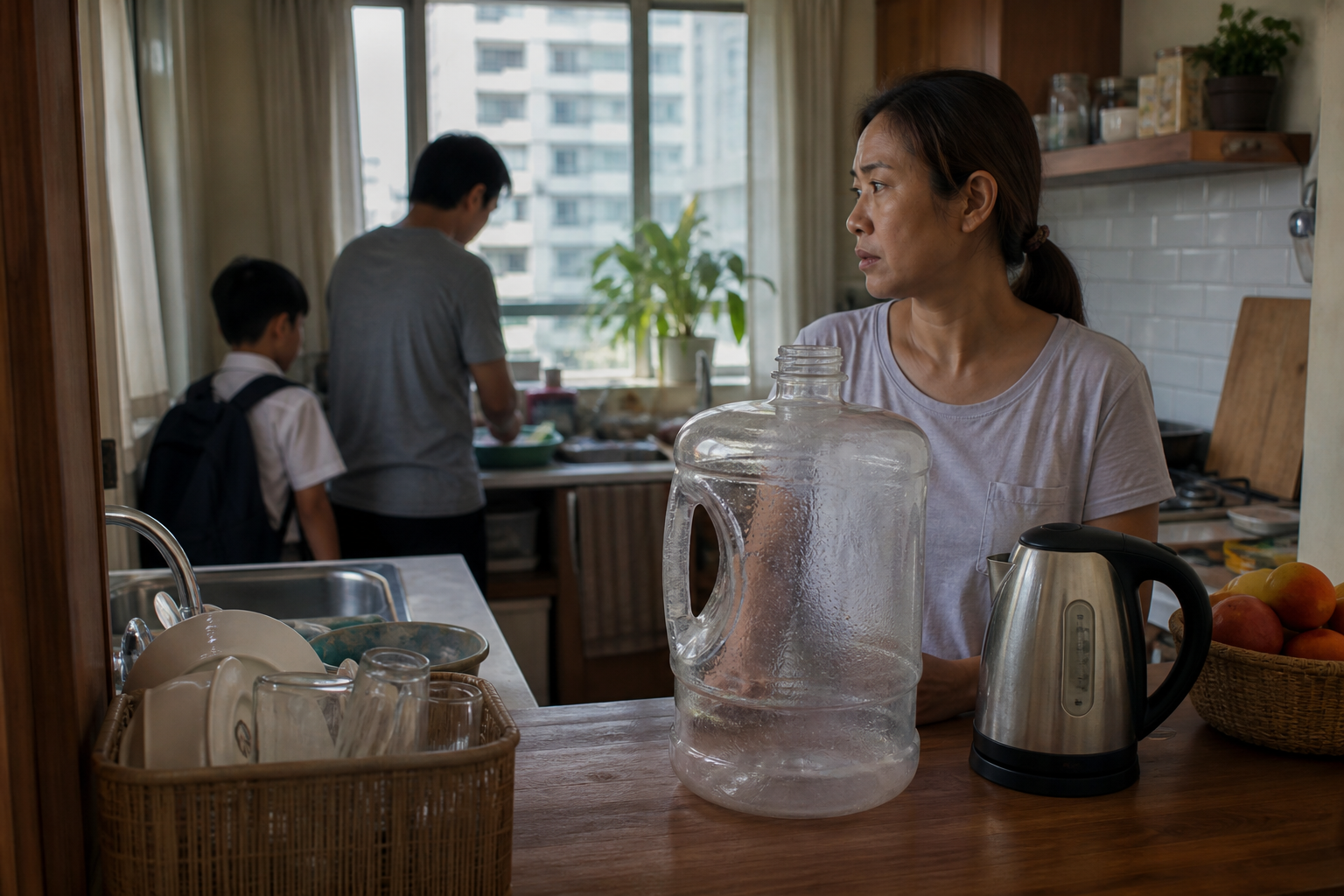 Busy Myanmar home kitchen — purified water cannot keep up