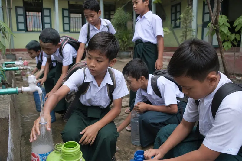 Multiple school bottles filled before the gate — home RO peak demand