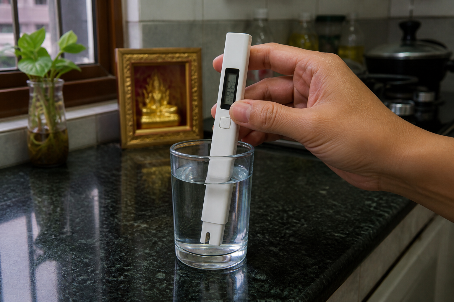 Handheld TDS meter and glass of water in a Yangon kitchen