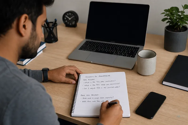 Homeowner preparing TDS reading and peak-demand notes for AQUAPOLAR