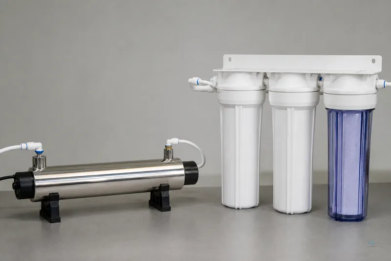 Split scene — RO membrane path vs UV disinfection lamp step on a Yangon install bench
