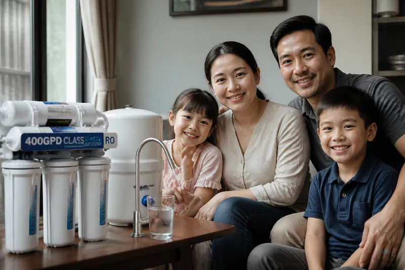 Myanmar family discussing RO class fit at the AQUAPOLAR showroom