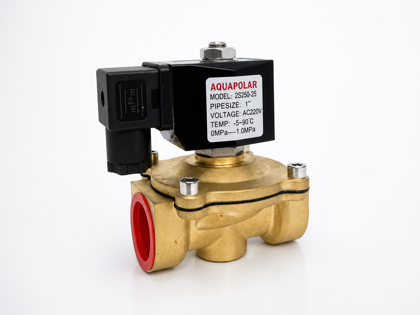 AQUAPOLAR brass solenoid valve — AI-beautified from the authentic product photo